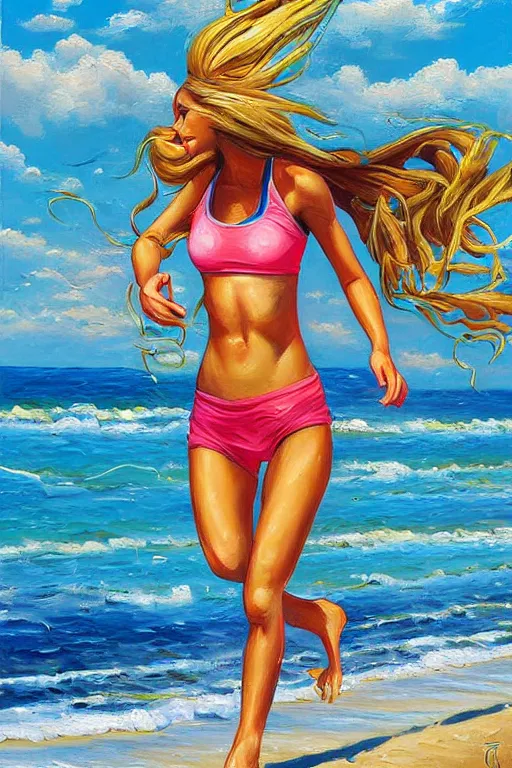 Prompt: oil painting detailed girl running on the beach and shoreline painted by jeremiah ketner and James Gurney