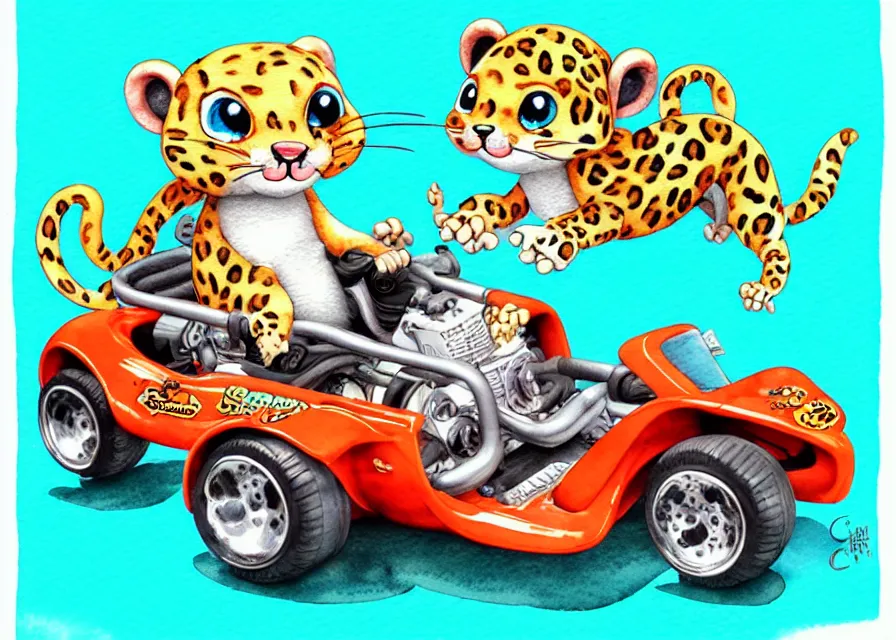 Image similar to cute and funny, baby leopard riding in a tiny go kart with oversized engine, ratfink style by ed roth, centered award winning watercolor pen illustration, isometric illustration by chihiro iwasaki, edited by range murata, tiny details by artgerm and watercolor girl, symmetrically isometrically centered