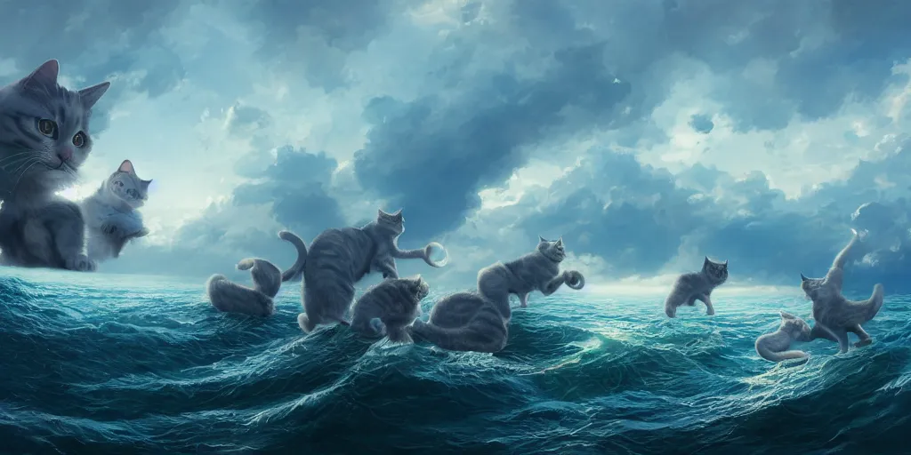 Image similar to Several cats sailing over a blue ocean, Darek Zabrocki, Karlkka, Jayison Devadas, Phuoc Quan, trending on Artstation, 8K, ultra wide angle, pincushion lens effect.