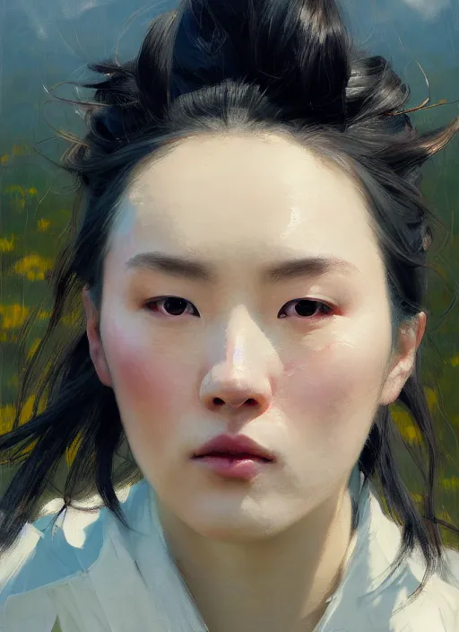 Image similar to portrait of Nezuko, countryside, calm, fantasy character portrait, dynamic pose, above view, sunny day, thunder clouds in the sky, artwork by Jeremy Lipkin and Giuseppe Dangelico Pino and Michael Garmash and Rob Rey, very coherent asymmetrical artwork, sharp edges, perfect face, simple form, 100mm