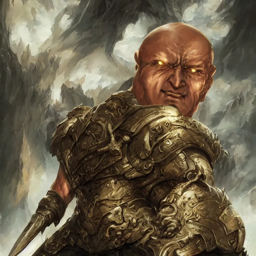 Image similar to a fantasy comic book style portrait painting of a bald half - orc male warrior, art by artgerm, boris vallejo, karol bak, mark brooks, donato giancola, bayard wu, 4 k, hires, focus