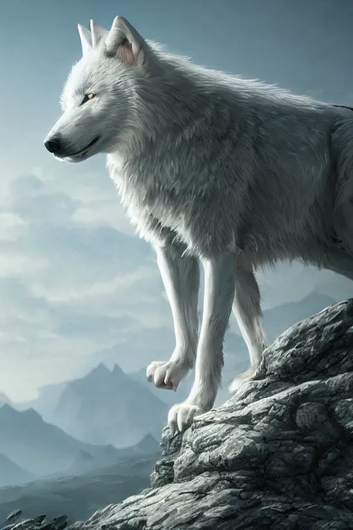 Image similar to white magic wolf on top of a mountain, elden ring, by greg rutkowski and zdizslaw beksinski, trending on artstation, octane render