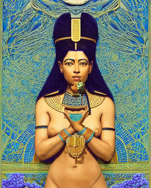 Prompt: portrait of a beautiful female ancient Egyptian goddess sitting on her throne, surrounded by blue lotus flowers. At her feet lies the god Anubis. fantasy, artstation, intricate, highly detailed, hyperrealism, beautiful symmetrical face, photorealistic, golden ratio, rendered in Octane, by James C. Christensen. by Carlos Shwabe