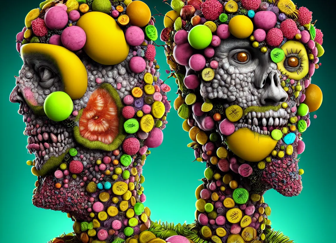 Image similar to headshot of a trickster nature zombie, head made of fruit and flowers in the style of arcimboldo, covered with iridescent bubbles, made by greg rutkowski, digital illustration, dynamic lighting, action figure, clay sculpture, claymation, turquoise pink and yellow, rainbow stripe backdrop