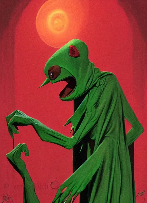 Image similar to Kermit the frog as Nosferatu in Society (1989), highly detailed, centered, solid color background, digital painting, artstation, concept art, smooth, sharp focus, illustration, donato giancola Joseph Christian Leyendecker, Les Edwards, Ed Repka, Basil Gogos, WLOP, Artgerm