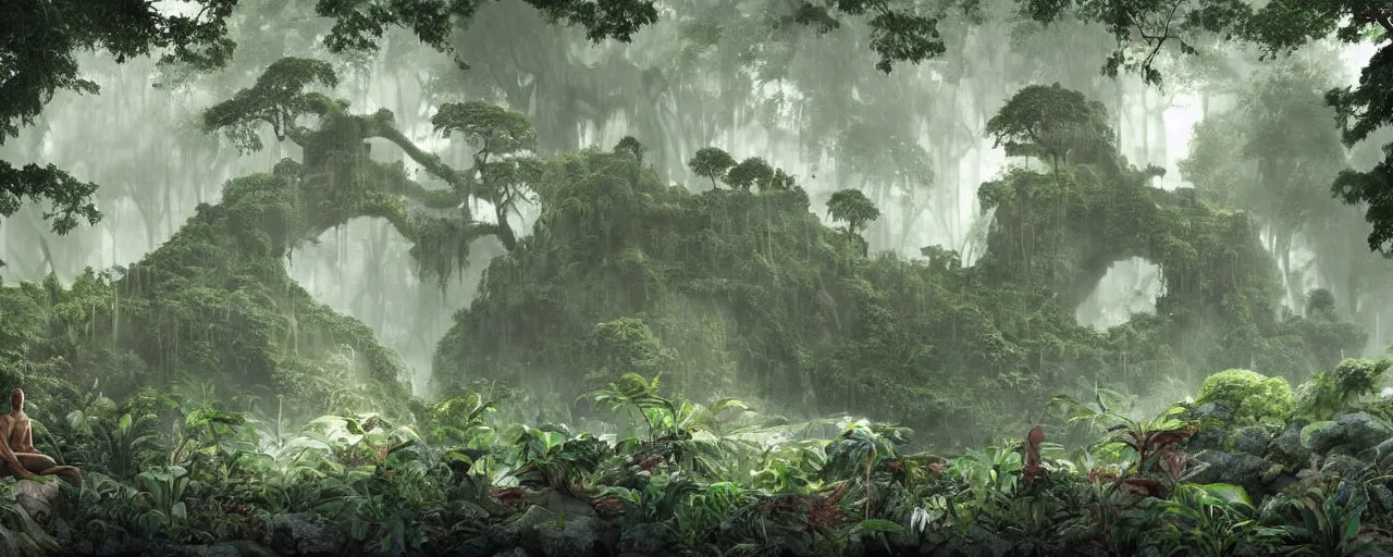Prompt: massive stone temple overgrown with vegetation, an old shipwrecked ship in the middle of the composition, striking composition, huge scale, deep forest, huge ficus macrophylla, gentle mists, subtle color variations, highly detailed, a white robed benevolent magician clothed in a royal garment in contemplation meditating upon God, by Eyvind Earle and Mary Blair