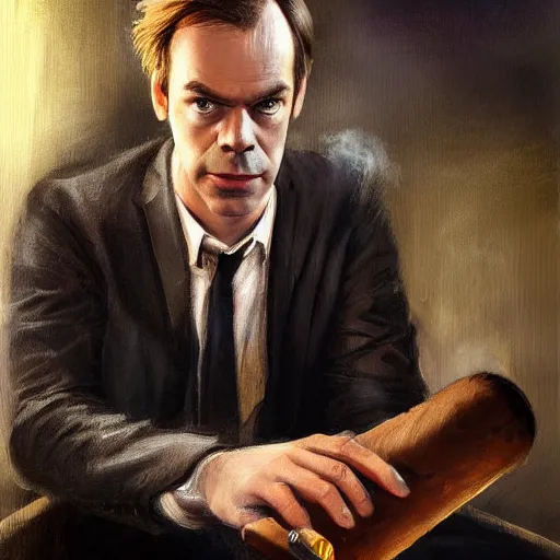 Young Hugo Weaving in a suit smoking a cigar with a