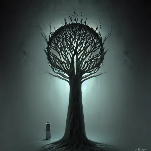 Image similar to Anthropomorphic treeof life in a dark room, face illuminated, hyperrealistic, artstation, 8k, concept art, very detailed, hd, digital painting, shadows, dimly lit, dramatic lighting