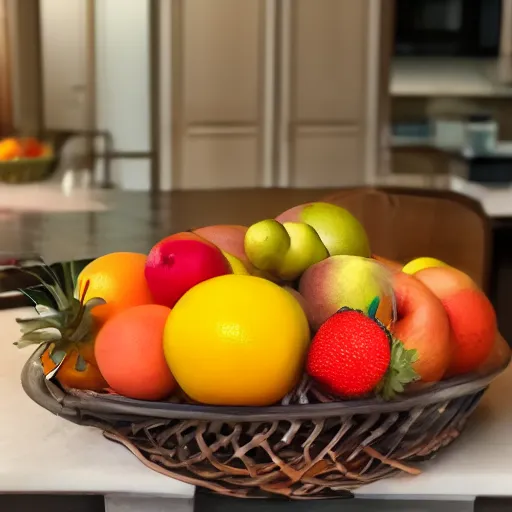 Prompt: a fruit basket on top of a kitchen table
