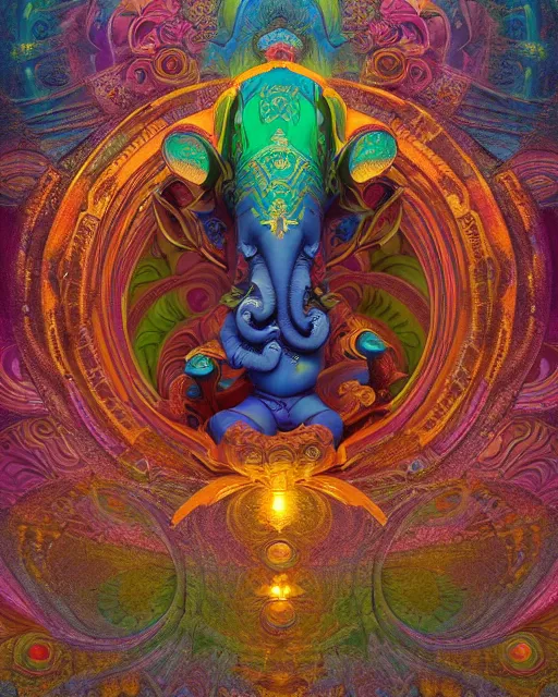 Image similar to psychedelic ganesh of the cosmos, mandelbulb, mandala, coherent design, symmetrical, concept art, vivid color, complementary color, golden ratio, detailed, sharp lines, intricate, rainbowshift, by maxfield parrish, by peter mohrbacher, by gustave dore, by alphonse mucha, deviantart, octane render