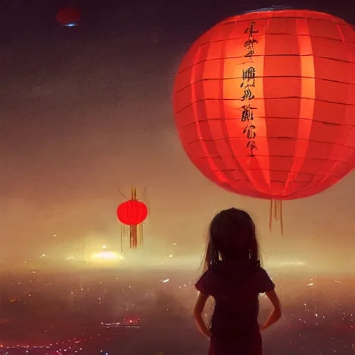 Image similar to a little girl watching hundreds of chinese sky lanterns in the night sky over a sci-fi city, by Greg Rutkowski