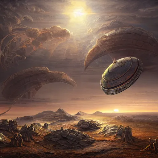 Image similar to alien invasion Ancient Greece, UFOs, oil on canvas, portrait, intricate, 8k highly professionally detailed, HDR, CGsociety