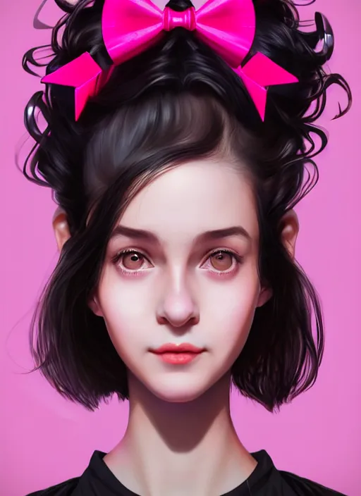 Image similar to portrait of high school girl, realistic, black hair, bangs, half updo hairstyle, pointy nose, skinny, smile, ugly, defined jawline, big chin, pink hair bow, earrings, intricate, elegant, glowing lights, highly detailed, digital painting, artstation, sharp focus, illustration, art by wlop, mars ravelo and greg rutkowski