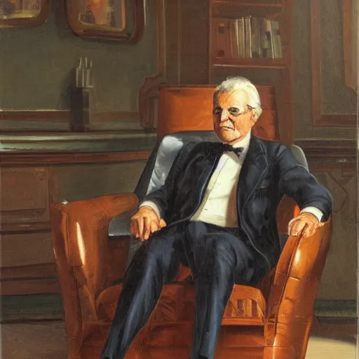 Prompt: a rich business man sitting in a big chair with a smirk, futuristic, by francisco pradilla y ortiz