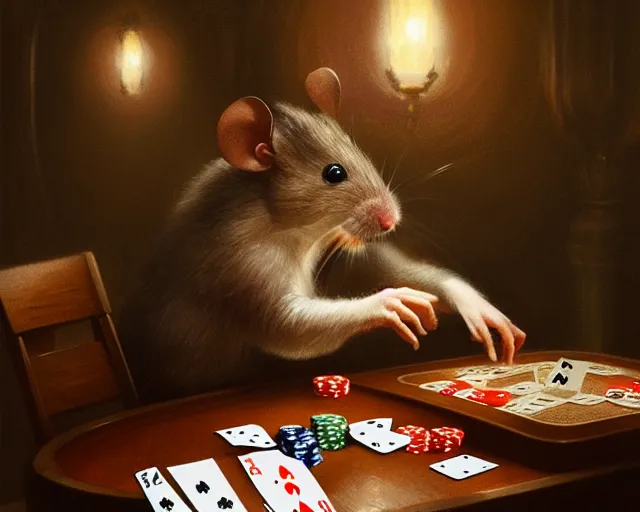 Image similar to 5 5 mm portrait photo of mouse playing poker. magical atmosphere. art by greg rutkowski. highly detailed 8 k. intricate. lifelike. soft light. nikon d 8 5 0.