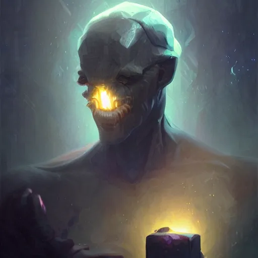 Image similar to portrait of a creature with a blocky head,purple glowing blocky eyes and black skin,digital art,ultra realistic,ultra detailed,art by greg rutkowski,eerie