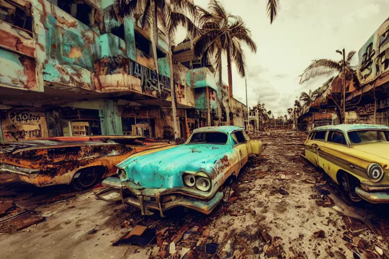 Image similar to low wide angle shot of dilapidated fallout 5 miami, tropical coastal city, desolate, dilapidated neon signs, just a rusted retro futuristic vintage parked vehicles like cars, buses, trucks, trams, sunny weather, few clouds, volumetric lighting, photorealistic, daytime, spring, sharp focus, ultra detailed, technicolour 1