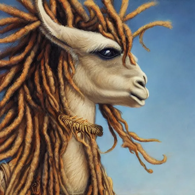 Image similar to llama with dreadlocks, by mandy jurgens, ernst haeckel, artgerm, james jean