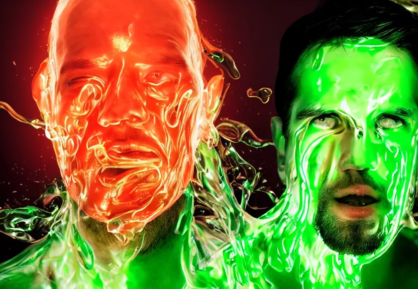 Image similar to a ultra realistic photograph of a man's face being melted off with oozing neon green and white honey