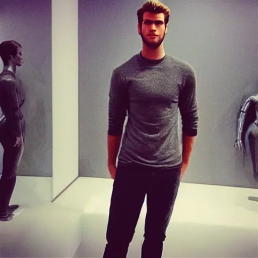 Image similar to “ a realistic detailed photo of a guy who is an attractive humanoid who is half robot and half humanoid, who is a male android, actor liam hemsworth, shiny skin, posing like a statue, blank stare, at the museum, on display ”