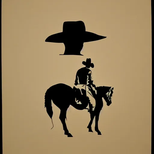 Image similar to siluette of a cowboy outlaw sitting on a horse. serigraph. screen - printed. sun - bleached highlights on colt's face, hat in soft colors