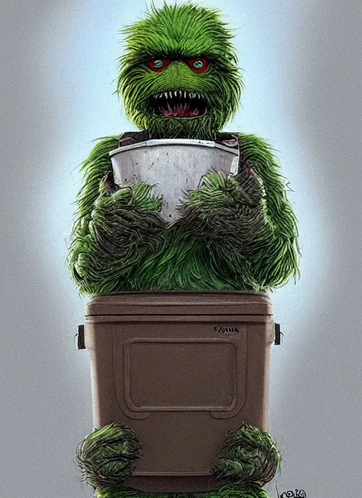 Prompt: portrait of Oscar The Grouch in The Thing (1982), highly detailed, centered, solid color background, digital painting, artstation, concept art, smooth, sharp focus, illustration, artgerm, donato giancola, Joseph Christian Leyendecker, Les Edwards, Ed Repka, WLOP, Artgerm