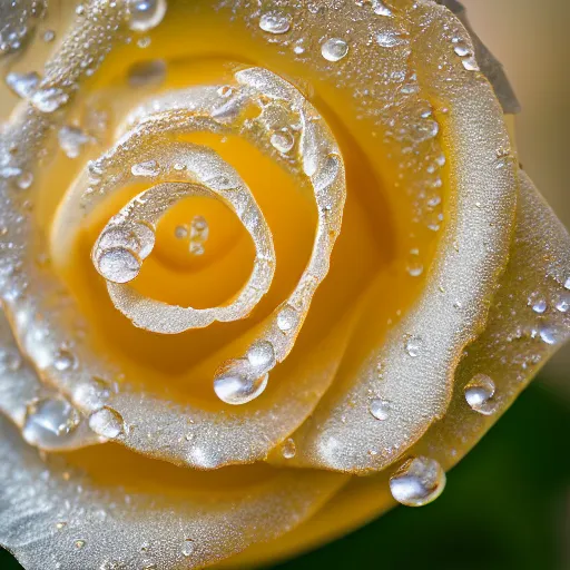 Prompt: macro photograph of a rose with water droplets on the petals