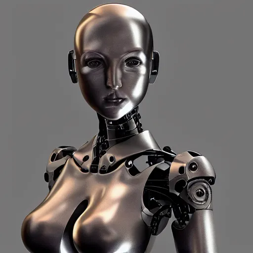 Prompt: womanized humanoid robot made of steel, beautiful face, slightly glowing eyes, big breasts, anatomically correct, futuristic, glowing details, symmetrical, unreal engine, ray tracing, 8 k, uhd, ultrarealistic, highly detailed