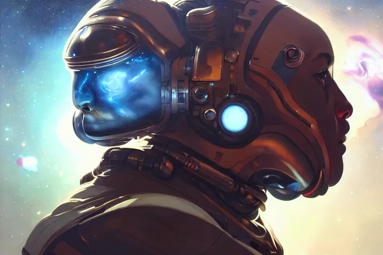 Image similar to portrait of a futuristic bulldog in a spacesuit, a nebula supernova in space, portrait, intricate, digital painting, artstation, concept art, smooth, sharp focus, illustration, cinematic lighting, art by artgerm and greg rutkowski and alphonse mucha