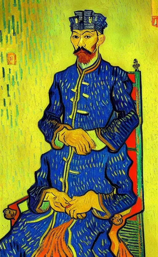 Image similar to detailed expressionist!! oil painting masterpiece portrait of an ancient emperor on his throne!! by van gogh, 8 k resolution, smooth, sharp focus, matte painting, beautiful masterpiece expressionist painting