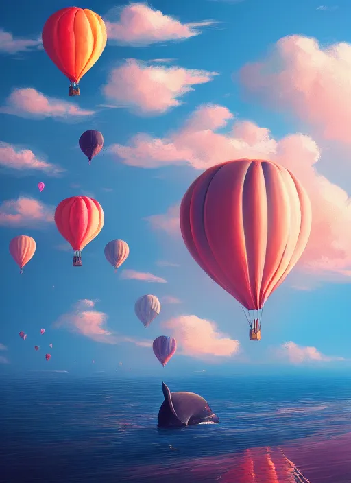 Prompt: A whale made of clouds, hot air balloons, digital painting by Alena Aenami, serene, artstation, concept art, 8k