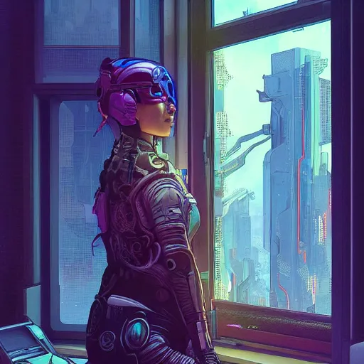 Image similar to portrait of cyberpunk woman looking out of a window, cyberpunk setting, futuristic, highly detailed, intricate lighting, digital painting, sharp focus, illustration, trending on artstation, art by alphonse mucha.