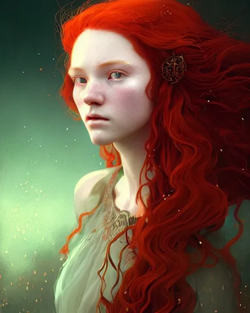 Prompt: fantasy portrait of a young celtic witch with long red hair, ((beauty portrait)) by WLOP and Victo ngai, lineage 2 revolution style, unreal engine, beautifully lit, muted colors, highly detailed, fantasy art by Craig Mullins and Thomas Kinkade