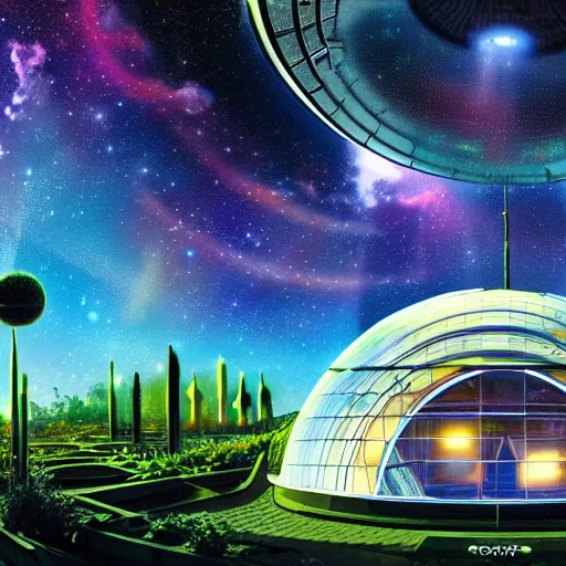 Prompt: a cinematic view of a deepspace solar powered space habitat colony, large domed greenhouses with exotic plants, retrofuturism, scifi art, oil on canvas, biodome, stars in the sky above, details, hyper - detailed, hd, hdr, 4 k, 8 k