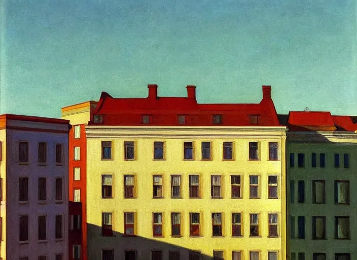 Image similar to a view of a finnish town from a hotel window in the afternoon, oil painting by edward hopper