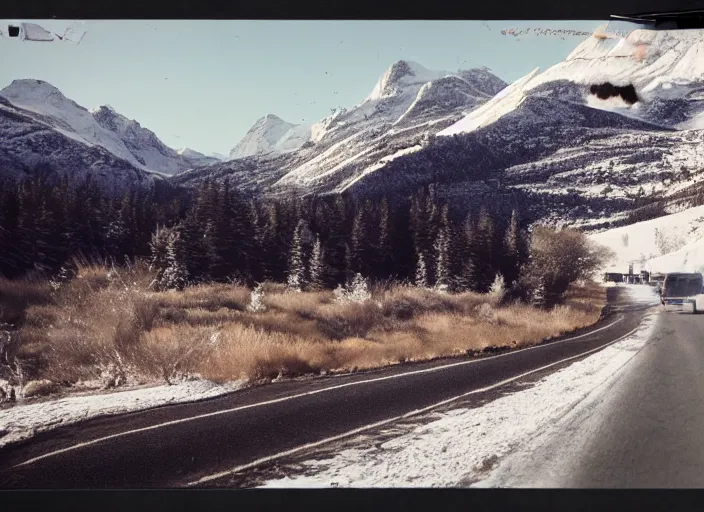 Image similar to A very high resolution image from a new movie, landscape from a car window , mountains, snowy, snowy mountains, Polaroid, directed by wes anderson