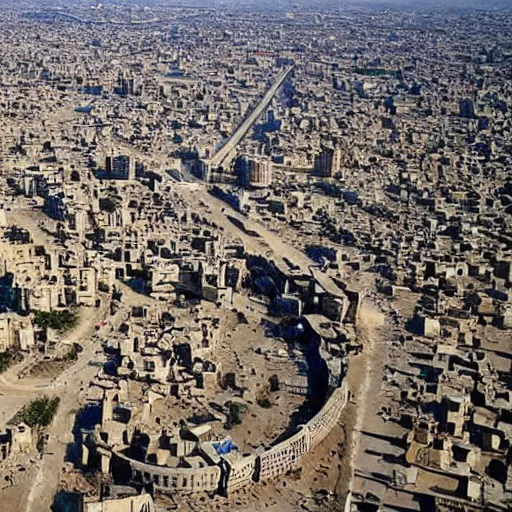 Image similar to the city of baghdad after 700 years, wide angle,