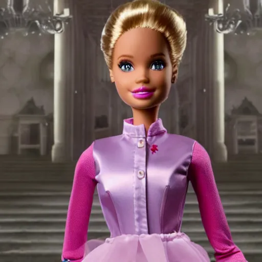 Image similar to barbie i ’ m real life live action remake, 4 k, film still, live action, realistic, human, actress, wide angle, 4 k, background of castle