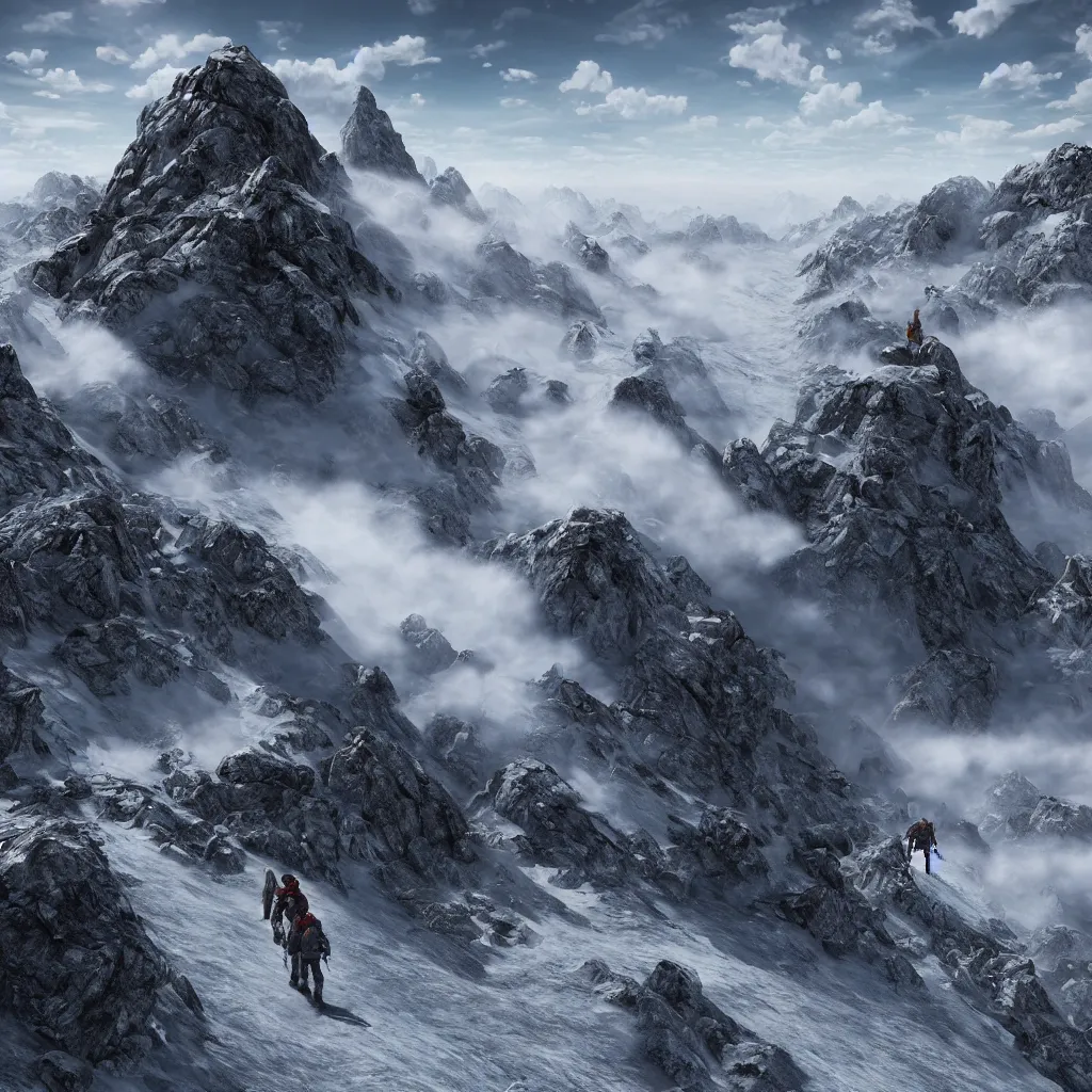 Prompt: a hyper detailed v - ray render of a guide leading you across a summit of a beautiful mountain range, above the clouds, post apocalyptic, photorealistic, unreal engine 5, 8 k post production, cinematographic, cgi, rule of 3 rds, fibonacci sequence