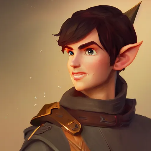 Image similar to Portrait of a male elf ranger, pointy ears, brown long hair, no beard, inquisitive look, perfect facial symettry, mattepainting concept Blizzard pixar maya engine on stylized background splash comics global illumination lighting artstation lois van baarle, ilya kuvshinov, rossdraws