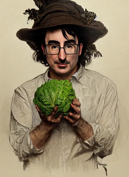 Image similar to a portrait of john oliver holding a cabbage, farm, stoic, fantasy, intricate, elegant, beautiful, highly detailed, charcoal, centered, dark, smokey, digital painting, artstation, concept art, smooth, sharp focus, illustration, art by artgerm and greg rutkowski and alphonse mucha
