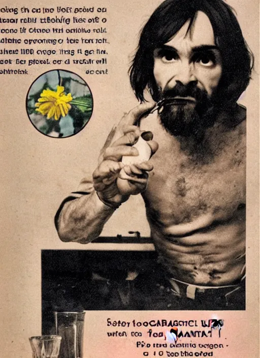 Image similar to vintage pharamaceutical magazine advertisement depicting charles manson eating flowers