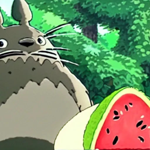 Prompt: a still shot of Totoro from Studio Ghibli , enjoying a watermelon with his friends