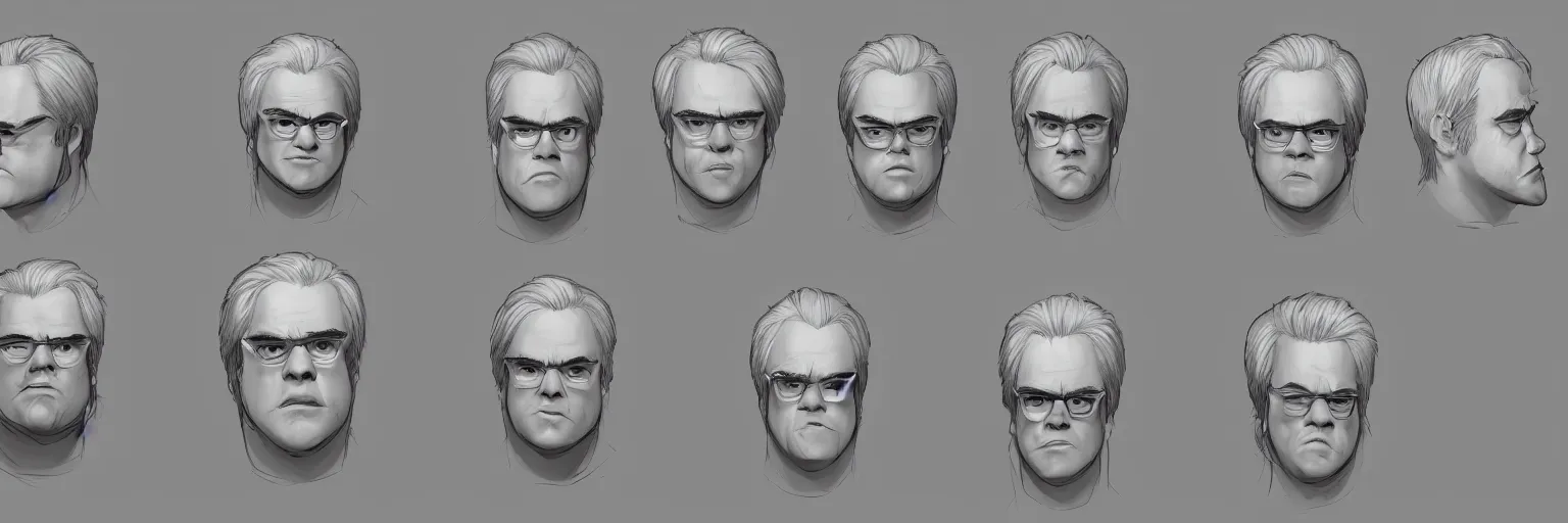 Image similar to character face study of skinny snorexic philip seymour hoffman, clear faces, emotional, character sheet, fine details, concept design, contrast, kim jung gi, pixar and da vinci, trending on artstation, 8 k, full body and head, turnaround, front view, back view, ultra wide angle