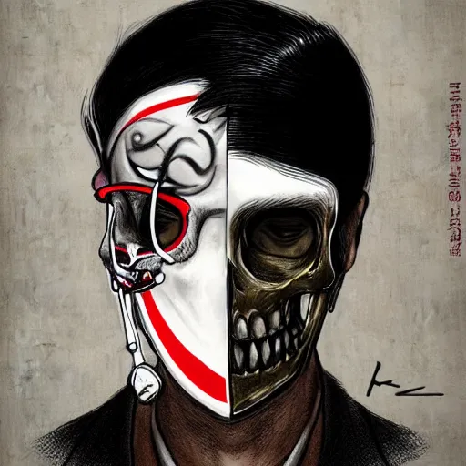 Image similar to frontal portrait of a suited blond with medical gloves and a skull face mask, by Kim Kyoung Hwan