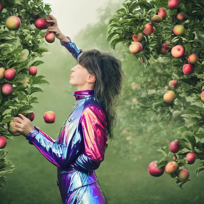 Image similar to a closeup portrait of a woman wearing an iridescent spacesuit, picking apples from a tree, foggy, moody, photograph, by vincent desiderio, canon eos c 3 0 0, ƒ 1. 8, 3 5 mm, 8 k, medium - format print