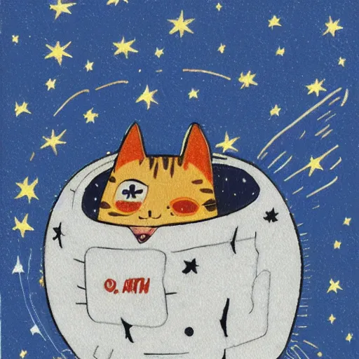 Prompt: a ball with a cat's face on it, rolling on the highway in space, twinkling stars in the background, illustrated by buchholz quint