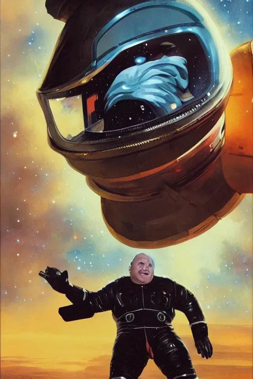 Image similar to portrait of an obese udo kier wearing leather spacesuit, nebula space background and spaceship, illustration by normal rockwell and jacob collins, artstation character art, john berkey, greg rutkowski