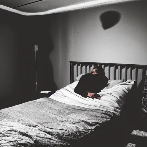 Image similar to a person sleeping in their bed with a tall shadow hovering over them, creepy, horror, dark theme