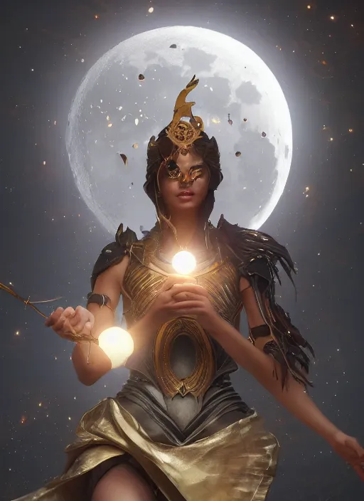 Prompt: [ artemis holding the moon in her hands ]!!, closeup!!, filling it with magical energy, digital art, tarot card, portrait!!, trending on polycount, cgsociety contest winner, digital art, 4 k, sharp, detailed, intricate, illustrated by greg rutkowski, zbrush, unreal engine 5